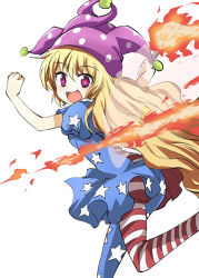 Rule 34 | 1girl, :d, american flag, american flag dress, american flag legwear, american flag shirt, blonde hair, clownpiece, dress, fairy wings, fire, frilled shirt collar, frills, hat, jester cap, long hair, neck ruff, open mouth, pantyhose, polka dot, purple eyes, short dress, short sleeves, smile, solo, star (symbol), striped clothes, striped pantyhose, suichuu hanabi, torch, touhou, very long hair, wavy hair, wings