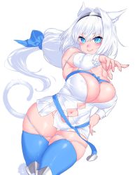 Rule 34 | 1girl, animal ear fluff, animal ears, argyle, argyle clothes, argyle cutout, bare shoulders, blue bow, blue eyes, blue ribbon, blue thighhighs, blush, bow, breasts, cat ears, cat girl, cat tail, cleavage, closed mouth, clothing cutout, detached collar, detached sleeves, dobrynya nikitich (fate), dress, fate/grand order, fate (series), fur trim, hair bow, hairband, highres, large breasts, long hair, looking at viewer, low ponytail, navel, onsoku inu, outstretched arm, ribbon, short dress, simple background, skindentation, smile, solo, tail, thick thighs, thighhighs, thighs, white background, white dress, white hair
