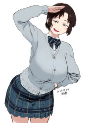 Rule 34 | 1girl, bow, bowtie, breasts, brown eyes, brown hair, dated, grey sweater, hand on own hip, large breasts, leaning forward, long sleeves, original, plaid, plaid skirt, salute, short hair, simple background, skirt, smile, solo, sweater, tsukudani (coke-buta), white background