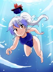 Rule 34 | 1girl, :t, bare shoulders, blue background, blue headwear, blue leotard, breasts, brown eyes, bubble, competition swimsuit, high ponytail, highleg, in water, kamishirasawa keine, kousei (public planet), leotard, looking at viewer, medium breasts, multicolored hair, one-piece swimsuit, solo, swimming, swimsuit, touhou, two-tone hair, underwater