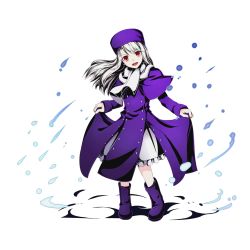 Rule 34 | 10s, 1girl, boots, divine gate, fate/stay night, fate (series), frilled skirt, frills, full body, fur hat, hat, head tilt, illyasviel von einzbern, long hair, looking at viewer, official art, open mouth, papakha, purple footwear, purple hat, red eyes, silver hair, skirt, skirt hold, solo, transparent background, ucmm, white skirt