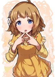 Rule 34 | 1girl, absurdres, ahoge, blue eyes, blush, breasts, brown dress, brown hair, commentary request, dotted line, dress, fingers together, flower, hair flower, hair ornament, hands up, highres, idolmaster, idolmaster million live!, idolmaster million live! theater days, index fingers together, layered sleeves, long sleeves, looking at viewer, open mouth, short over long sleeves, short sleeves, small breasts, solo, suou momoko, triangle, white flower, woshinon