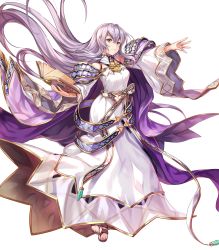 Rule 34 | 1girl, book, breasts, cape, chachie, circlet, closed mouth, dress, fire emblem, fire emblem: genealogy of the holy war, fire emblem heroes, full body, hair ornament, hand up, highres, holding, holding book, jewelry, julia (fire emblem), long hair, long sleeves, looking away, medium breasts, nintendo, non-web source, official art, purple eyes, purple hair, sandals, see-through, solo, toes, transparent background, very long hair, wide sleeves