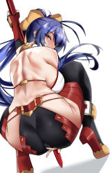 Rule 34 | 1girl, absurdres, antenna hair, ass, backless outfit, blazblue, blazblue: central fiction, blue hair, blush, breasts, come hither, female masturbation, fingerless gloves, from behind, gloves, hair ribbon, half-closed eyes, high heels, highres, holding, holding polearm, holding spear, holding weapon, kyle (kysizzle), large breasts, long hair, looking at viewer, looking back, mai natsume, masturbation, masturbation through clothes, mole, mole on breast, pink eyes, polearm, ponytail, pussy juice, red gloves, ribbon, seductive gaze, sideboob, solo, spear, squatting, sweat, weapon, yellow ribbon