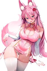 1girl absurdres animal_ears bare_shoulders blue_eyes blush breasts china_dress chinese_clothes cleavage cleavage_cutout clothing_cutout colored_inner_hair dress elbow_gloves flower fox_ears fox_girl fox_tail gloves hair_flower hair_ornament highres large_breasts long_hair looking_at_viewer miniskirt multicolored_hair open_mouth original panties print_dress red_nails side-tie_panties simple_background skirt solo tail thighhighs thighs underwear white_background white_gloves white_hair white_panties white_thighhighs zerocat