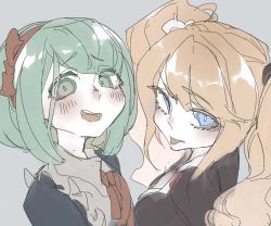 Rule 34 | age difference, bear hair ornament, blonde hair, blue eyes, blush, bow, danganronpa: trigger happy havoc, danganronpa (series), danganronpa another episode: ultra despair girls, enoshima junko, eyelashes, green eyes, green hair, hair bow, hair ornament, hairband, headband, long eyelashes, long hair, looking at viewer, looking back, neck, neck ribbon, open mouth, pale color, pale skin, red bow, red hairband, red headband, red headwear, ribbon, simple background, teeth, tongue, tongue out, towa monaca, upper body, white background