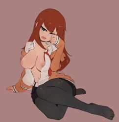 Rule 34 | 1girl, black legwear, blue eyes, breasts, breasts out, brown hair, highres, large breasts, long hair, looking at viewer, makise kurisu, nipples, one eye closed, open clothes, open mouth, simple background, sitting, skirt, solo, spicy bardo, steins;gate, waking up