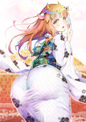 Rule 34 | 1boy, androgynous, animal ears, ass, blush, bottle, chinese zodiac, cow ears, cow girl, crossdressing, girly boy, highres, huge ass, japanese clothes, kimono, long hair, looking at viewer, looking back, male focus, milk, milk bottle, natsusora wakana, novady, orange hair, original, sexually suggestive, solo, trap, year of the ox, yellow eyes
