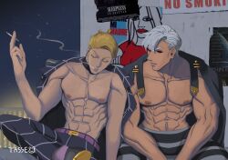 Rule 34 | 2boys, abs, absurdres, arrow print, biceps, black sclera, blowing smoke, closed eyes, colored sclera, crossed legs, eyelashes, grey hair, highres, jacket, jacket on shoulders, jojo no kimyou na bouken, male focus, multiple boys, muscular, muscular male, night, night sky, open clothes, open jacket, outdoors, pants, pectorals, poster (object), prosciutto, red eyes, risotto nero, sitting, sky, smoking, striped clothes, striped pants, tasse jj, topless male, vento aureo
