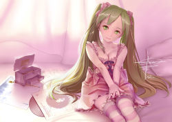 Rule 34 | 1girl, breasts, cleavage, geister, green eyes, green hair, green nails, hair ribbon, hatsune miku, long hair, matching hair/eyes, nail polish, pillow, record, ribbon, small breasts, smile, solo, striped clothes, striped thighhighs, thighhighs, twintails, very long hair, vocaloid