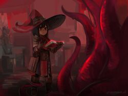 Rule 34 | 1girl, belt, belt pouch, black hair, book, boots, brown footwear, brown gloves, commentary, furrowed brow, gloves, hat, highres, holding, holding book, large hat, leg grab, original, poncho, pouch, red eyes, skirt, souperior, tentacles, witch hat