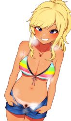 Rule 34 | 1girl, bare shoulders, bikini, blonde hair, blue eyes, blush, breasts, cleavage, cleft of venus, collarbone, commentary request, cowboy shot, denim, denim shorts, dutch angle, female pubic hair, front-tie bikini top, front-tie top, grin, hair ornament, highres, idolmaster, idolmaster cinderella girls, jewelry, long hair, looking at viewer, medium breasts, minakamirin, multicolored bikini, multicolored clothes, navel, necklace, ohtsuki yui, open fly, ponytail, pubic hair, pussy, short shorts, shorts, smile, solo, standing, stomach, striped bikini, striped clothes, swimsuit, tan, tanline, undressing