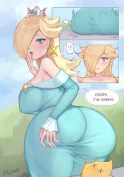 Rule 34 | !?, 1girl, 1other, absurdres, aqua dress, ass, ass focus, bench, blonde hair, blue eyes, blush, breasts, crown, curvy, day, dress, earrings, embarrassed, field, gem, grass, hair over one eye, hand on own ass, hand on own chin, highres, huge ass, jewelry, large breasts, long dress, long hair, long sleeves, looking back, luma (mario), mario (series), nintendo, norza, off-shoulder dress, off shoulder, one eye covered, open mouth, outdoors, rosalina, see-through, see-through dress, sideboob, sitting, sitting on face, sitting on person, spread ass, super mario galaxy, surprised, sweat, sweatdrop, wide hips