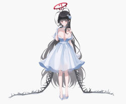Rule 34 | 1girl, absurdres, alternate costume, antenna hair, ash (cat7evy), black hair, black wings, blue archive, breasts, choker, cleavage, commentary request, detached sleeves, dress, earrings, flower, full body, hair between eyes, hair flower, hair ornament, halo, highres, jewelry, large breasts, long hair, looking at viewer, necklace, red eyes, short sleeves, sidelocks, simple background, solo, standing, strapless, strapless dress, tsurugi (blue archive), white choker, white dress, wings