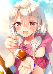 Rule 34 | 1girl, :d, blurry, blurry background, blush, casual one-piece swimsuit, commentary request, curry, curry rice, day, depth of field, fate/grand order, fate (series), feeding, fingernails, food, frilled swimsuit, frills, hair between eyes, hair ornament, hair over shoulder, hair scrunchie, hands up, holding, holding spoon, illyasviel von einzbern, illyasviel von einzbern (swimsuit archer), illyasviel von einzbern (swimsuit archer) (first ascension), incoming food, looking at viewer, low twintails, one-piece swimsuit, open mouth, outdoors, pov, red eyes, red one-piece swimsuit, red scrunchie, rice, sazaki ichiri, scrunchie, silver hair, smile, solo, spoon, star (symbol), swimsuit, twintails