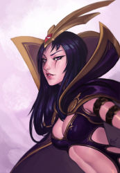 Rule 34 | 1girl, artist name, breasts, cleavage, leblanc (league of legends), eyebrows, high collar, highres, kienan lafferty, league of legends, leaning forward, light smile, lips, long hair, looking at viewer, medium breasts, nose, parted lips, popped collar, purple background, purple eyes, purple hair, short hair, signature, solo, upper body