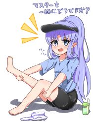 Rule 34 | 1girl, :d, barefoot, bike shorts, black hat, black shorts, blue eyes, blue shirt, blush, collarbone, commentary request, cup, fate/grand order, fate (series), full body, hat, high ponytail, highres, leg up, long hair, looking at viewer, medea (lily) (fate), notice lines, open mouth, parted bangs, pointy ears, ponytail, purple hair, shadow, shirt, short sleeves, shorts, simple background, sitting, smile, solo, towel, translation request, very long hair, visor cap, white background, yuya090602