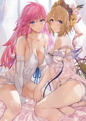 Rule 34 | 2girls, ass, back, backlighting, bare shoulders, bikini, blonde hair, blue eyes, blue ribbon, blush, breasts, camisole, cleavage, closed mouth, collarbone, curtains, elbow gloves, europa (granblue fantasy), europa (summer) (granblue fantasy), flower, gabriel (granblue fantasy), gloves, granblue fantasy, hair between eyes, hair flower, hair ornament, hews, highres, large breasts, long hair, looking at viewer, multiple girls, navel, off shoulder, pink hair, pink ribbon, ribbon, short hair, smile, swimsuit, tiara, white bikini, white camisole, white gloves, window