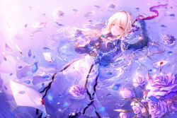 Rule 34 | 10s, 1girl, ahoge, arm up, ascot, black footwear, blonde hair, blue jacket, boots, branch, breasts, brooch, cropped jacket, day, dress, ekh, envelope, falling petals, flower, from above, gem, hair between eyes, hair intakes, half-closed eyes, high-waist skirt, highres, holding, holding ribbon, jacket, jewelry, leaf, long dress, long hair, long skirt, long sleeves, looking at viewer, lying, medium breasts, outdoors, paper boat, parted lips, partially submerged, petals, pink eyes, purple flower, red ribbon, ribbon, ripples, sidelocks, skirt, solo, sunlight, violet evergarden, violet evergarden (series), water, wax seal, white skirt