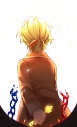 Rule 34 | 1boy, allen avadonia, arm behind back, aryuma772, back, blonde hair, bloom, chain, evillious nendaiki, grim the end, hair ribbon, highres, holding, holding key, jacket, kagamine len, key, male focus, master of the heavenly yard (vocaloid), orange jacket, re birthday (vocaloid), ribbon, breaking, short ponytail, solo, vessel of sin, vocaloid