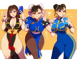 Rule 34 | :p, blushyspicy, bracelet, braid, breasts, brown hair, capcom, cellphone, chinese clothes, chun-li, cleavage, cleavage cutout, clothing cutout, cup, disposable cup, dress, drinking, hair down, jewelry, large breasts, licking lips, long hair, multiple persona, official alternate costume, one eye closed, pantyhose, phone, smartphone, smile, spiked bracelet, spikes, street fighter, street fighter ii (series), street fighter v, street fighter zero (series), thighs, tongue, tongue out, twin braids, v