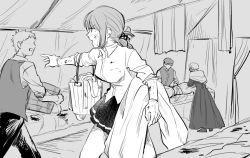 Rule 34 | bandages, bed, blanket, blood, blood on face, blood stain, braid, bucket, coat, unworn coat, faceless, fate/grand order, fate (series), florence nightingale (fate), gloves, greyscale, hospital bed, metarogu, monochrome, pointing, skirt, tent