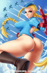 Rule 34 | 1girl, artist name, ass, blonde hair, blue eyes, blue leotard, boots, braid, breasts, cammy white, cloud, fingerless gloves, from behind, gauntlets, gloves, hat, highres, impossible clothes, large breasts, legs, leotard, long hair, long sleeves, looking at viewer, marmewa, parted lips, plane, sku, solo, street fighter, twin braids
