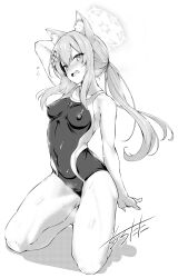 Rule 34 | 1girl, absurdres, alternate costume, animal ear fluff, animal ears, bare legs, bare shoulders, blue archive, blush, breasts, cat ears, collarbone, competition school swimsuit, covered erect nipples, covered navel, full body, greyscale, hair between eyes, halo, highleg, highleg swimsuit, highres, kneeling, long hair, looking at viewer, mari (blue archive), monochrome, one-piece swimsuit, open mouth, school swimsuit, signature, simple background, small breasts, solo, swimsuit, tirotata, trinity general school swimsuit