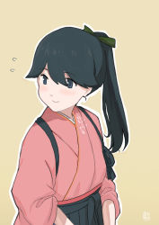 Rule 34 | 1girl, black hair, blue eyes, bow, closed mouth, commentary request, cowboy shot, flying sweatdrops, green bow, hair between eyes, hair bow, head tilt, houshou (kancolle), japanese clothes, kantai collection, kimono, light blush, long hair, looking to the side, mihama machi, own hands together, pink kimono, ponytail, shadow, simple background, smile, solo, yellow background