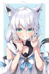 Rule 34 | 1girl, absent, absurdres, ahoge, animal ear fluff, animal ears, blue neckerchief, blush, braid, commentary, ear piercing, fox ears, fox girl, fox tail, green eyes, grin, hair between eyes, hands up, highres, hololive, hololive gamers, hood, hood down, long hair, looking at viewer, neckerchief, piercing, shirakami fubuki, shirakami fubuki (1st costume), shirt, silver hair, simple background, smile, solo, tail, upper body, virtual youtuber, white shirt