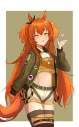 Rule 34 | 1girl, absurdres, animal ears, baozouyeguai, belt, black belt, black jacket, blush, border, commentary request, cowboy shot, crop top, grey background, heart, highres, horse ears, jacket, long hair, long sleeves, looking at viewer, mayano top gun (umamusume), midriff, navel, one eye closed, open clothes, open jacket, open mouth, orange eyes, orange hair, outside border, shirt, short shorts, shorts, simple background, solo, standing, stomach, thighhighs, thighs, two side up, umamusume, very long hair, white border, white shorts, yellow shirt