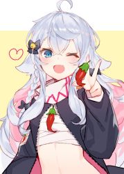 Rule 34 | 1girl, ahoge, bandana, bell, black bow, black jacket, blue eyes, blue hair, blush, bow, braid, chili pepper, commentary, fang, hair between eyes, hair bow, highres, indie virtual youtuber, izumi sai, jacket, jingle bell, kagura nana, long hair, long sleeves, looking at viewer, midriff, one eye closed, open clothes, open jacket, open mouth, sarashi, simple background, sketch, skin fang, solo, upper body, virtual youtuber, w, yellow background