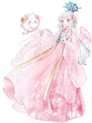 Rule 34 | + +, 1girl, :d, animal, chain paradox, dress, flower, full body, hair flower, hair ornament, halo, highres, long hair, open mouth, pink dress, pink eyes, sana aokawa, see-through, shiroshiro shiro, smile, solo, standing, transparent background, white hair, wide sleeves, wings