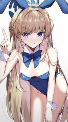 Rule 34 | 1girl, absurdres, animal ears, bare legs, blonde hair, blue archive, blue bow, blue bowtie, blue leotard, blush, bow, bowtie, breasts, cleavage, detached collar, fake animal ears, gradient background, grey background, halo, highres, leotard, long hair, looking at viewer, medium breasts, official alternate costume, rabbit ears, solo, thighs, toki (blue archive), toki (bunny) (blue archive), touko (toko12 tooko), v