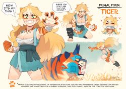 Rule 34 | 1girl, :d, absurdres, alternate form, animal, animal hands, armpits, ayu (sui (suizilla)), bandaged arm, bandages, bare shoulders, blonde hair, blue eyes, blue skirt, breasts, claws, cleavage, clenched hand, commentary, english commentary, english text, fangs, fish, food in mouth, grin, highres, jumping, long hair, medium breasts, multicolored hair, multiple views, on one knee, open mouth, original, short eyebrows, skirt, smile, streaked hair, sui (suizilla), thick eyebrows, v-shaped eyebrows, very long hair, white hair