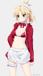 Rule 34 | 1girl, apron, arm at side, artoria pendragon (alter swimsuit rider) (second ascension) (fate), bikini, bikini top only, blonde hair, blush, breasts, bridal garter, cleavage, closed mouth, cowboy shot, fate/apocrypha, fate (series), frilled bikini, frilled bikini top, frilled skirt, frills, frown, green eyes, grey background, ica, jacket, long hair, long sleeves, looking away, looking to the side, maid headdress, mordred (fate), mordred (fate/apocrypha), navel, open clothes, open jacket, parted bangs, ponytail, red bikini, red jacket, red ribbon, red skirt, ribbon, sidelocks, simple background, skirt, small breasts, solo, stomach, swimsuit, tsurime, twitter username, waist apron, white apron