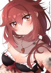 Rule 34 | 1girl, absurdres, bikini, black bikini, blush, breasts, brown eyes, brown hair, burnt clothes, cleavage, closed mouth, collarbone, damaged, hair between eyes, hair flaps, hair tie, hairband, highres, imaori rin, kantai collection, long hair, medium breasts, official alternate costume, red hairband, shiratsuyu (kancolle), shiratsuyu kai ni (kancolle), simple background, solo, swimsuit, torn bikini, torn clothes, twitter username, upper body, whistle, whistle around neck, white background