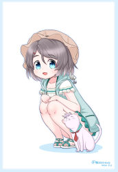 Rule 34 | 1girl, animalization, brown headwear, cat, commentary request, dated, dress, green vest, grey eyes, grey hair, kaiboukan no. 30 (kancolle), kantai collection, masara (chuujou), official alternate costume, sandals, short hair, simple background, squatting, tama (kancolle), twitter username, vest, white background, white dress