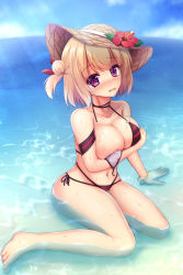 Rule 34 | 1girl, areola slip, arm strap, arm support, azur lane, bai da, bare shoulders, bikini, blonde hair, blue sky, blush, bracelet, breasts, cleavage, cloud, collarbone, commentary request, covering breasts, covering privates, day, flower, full body, hair bun, hair ribbon, hat, hat flower, highres, jewelry, large breasts, leipzig (azur lane), looking at viewer, midriff, multi-strapped bikini, navel, ocean, open mouth, outdoors, partially submerged, pink eyes, red bikini, red ribbon, ribbon, short hair, side-tie bikini bottom, sidelocks, single hair bun, sitting, sky, solo, striped bikini, striped clothes, sun hat, swimsuit, tearing up, wardrobe malfunction, wariza, wavy mouth, wet, yokozuwari
