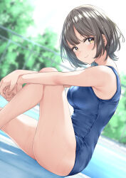 Rule 34 | 1girl, armpits, bare legs, blue one-piece swimsuit, blurry, blurry background, blush, breasts, dutch angle, feet out of frame, highres, knee up, large breasts, looking at another, looking at viewer, one-piece swimsuit, original, outdoors, own hands together, school swimsuit, sitting, smile, solo, swimsuit, water drop, wing (aiastor)