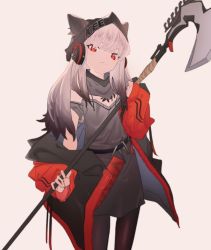 Rule 34 | 1girl, animal ears, arknights, black hair, black hat, black jacket, black pantyhose, closed mouth, cowboy shot, detached collar, dobudouhu, dress, expressionless, flat chest, fox ears, frostleaf (arknights), gradient hair, grey background, grey dress, halberd, hat, headphones, highres, holding, holding weapon, implied extra ears, jacket, long hair, looking at viewer, material growth, multicolored clothes, multicolored hair, multicolored jacket, off-shoulder dress, off shoulder, open clothes, open jacket, oripathy lesion (arknights), pantyhose, polearm, red eyes, red jacket, silver hair, simple background, solo, two-tone hair, two-tone jacket, weapon