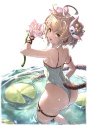 Rule 34 | 1girl, absurdres, andira (granblue fantasy), andira (summer) (granblue fantasy), animal ears, aqua one-piece swimsuit, ass, blonde hair, casual one-piece swimsuit, double bun, erune, flower, granblue fantasy, green one-piece swimsuit, hair bun, hair flower, hair ornament, highleg, highleg swimsuit, highres, huge ass, monkey ears, monkey girl, monkey tail, official alternate costume, one-piece swimsuit, swimsuit, tail, thick thighs, thighs, wide hips, yu pian