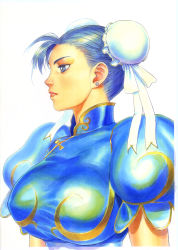 Rule 34 | 1girl, absurdres, black eyes, breasts, brown hair, capcom, chinese clothes, chun-li, closed mouth, commentary request, double bun, earrings, eyeshadow, fujiwara hisashi, hair bun, highres, huge filesize, jewelry, large breasts, lips, looking away, makeup, puffy short sleeves, puffy sleeves, shiny clothes, short sleeves, simple background, solo, street fighter, white background