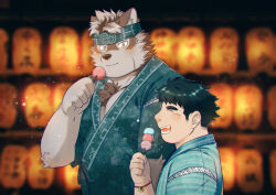 Rule 34 | 2boys, animal ears, bara, black hair, blurry, blurry background, bokeh, bracelet, chest tuft, closed eyes, closed mouth, daisukebear, dango, depth of field, fang, food, from side, furry, furry male, grey fur, grey hair, headband, height difference, holding, holding food, horkeu kamui, jewelry, jinbei (clothes), lantern, large pectorals, looking at another, male focus, multiple boys, muscular, muscular male, paper lantern, pectoral cleavage, pectorals, protagonist 5 (housamo), short hair, smile, thick eyebrows, tokyo houkago summoners, two-tone fur, upper body, wagashi, wolf boy, wolf ears, yellow eyes