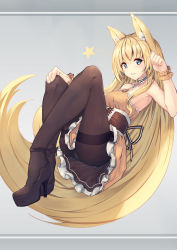 Rule 34 | 1girl, animal ears, armpits, bare shoulders, black footwear, black pantyhose, blonde hair, blue eyes, breasts, cat girl, corset, dress, earrings, frilled dress, frills, full body, grey background, halterneck, hand on own knee, hand up, highres, jewelry, long hair, looking at viewer, medium breasts, orange dress, original, panties, panties under pantyhose, pantyhose, pantyshot, parted lips, reclining, senwa, sidelocks, sitting, sleeveless, smile, solo, star (symbol), thighband pantyhose, underwear, very long hair, wrist cuffs