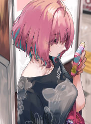 Rule 34 | 1girl, ahoge, aqua hair, bag, bob cut, breasts, cellphone, closed mouth, collarbone, colored inner hair, earrings, hair over eyes, handbag, idolmaster, idolmaster cinderella girls, idolmaster cinderella girls starlight stage, jewelry, large breasts, looking at phone, multicolored hair, nail polish, nose, phone, pink bag, pink eyes, pink hair, pink nails, sawarakajin, serious, short sleeves, smartphone, solo, triangle earrings, two-tone hair, yumemi riamu
