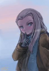 Rule 34 | 10s, 1girl, bad id, bad pixiv id, blonde hair, blue eyes, blush, breath, clara (girls und panzer), closed mouth, coat, eyebrows, finger to mouth, girls und panzer, gloves, hair intakes, index finger raised, long hair, looking at viewer, outdoors, scarf, smile, solo, solokov (okb-999), upper body