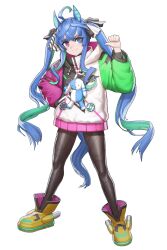 Rule 34 | 1girl, @ @, absurdres, ahoge, animal ears, aqua hair, black bodysuit, blue eyes, blue hair, bodysuit, bodysuit under clothes, boots, bow, cheogtanbyeong, closed mouth, crossed bangs, drawstring, full body, hair bow, hand on own hip, hand up, heterochromia, highres, hood, hoodie, horse ears, horse girl, horse tail, korean commentary, legs apart, long hair, long sleeves, looking to the side, multicolored clothes, multicolored hair, multicolored hoodie, pointing, pointing at self, purple eyes, sidelocks, simple background, solo, standing, striped, striped bow, stuffed animal, stuffed rabbit, stuffed toy, tail, thumbs up, twin turbo (umamusume), twintails, two-tone hair, umamusume, very long hair, white background, yellow footwear