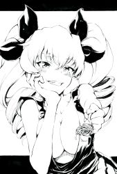 Rule 34 | 1girl, anchovy (girls und panzer), bad id, bad twitter id, black bow, blush, bow, breasts, cleavage, cowboy shot, drill hair, feeding, fork, garter straps, girls und panzer, greyscale, groin, hair between eyes, hair bow, head rest, highres, holding, holding fork, large breasts, long hair, monochrome, sawamiszt, smile, solo, spaghetti strap, twintails, white background