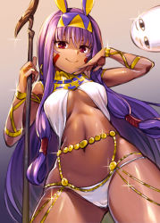 Rule 34 | 1girl, akanagi youto, animal ears, arm up, bangle, bare shoulders, bracelet, breasts, closed mouth, commentary request, dark-skinned female, dark skin, earrings, egyptian clothes, facepaint, fate/grand order, fate (series), from below, glint, gradient background, hair tubes, hairband, highres, holding, holding staff, jewelry, legs apart, long hair, looking at viewer, looking down, medium breasts, medjed (fate), navel, nitocris (fate), panties, purple background, purple eyes, purple hair, rabbit ears, shiny skin, sidelocks, smile, solo focus, staff, standing, stomach, two-tone hairband, underboob, underwear, very long hair, white panties